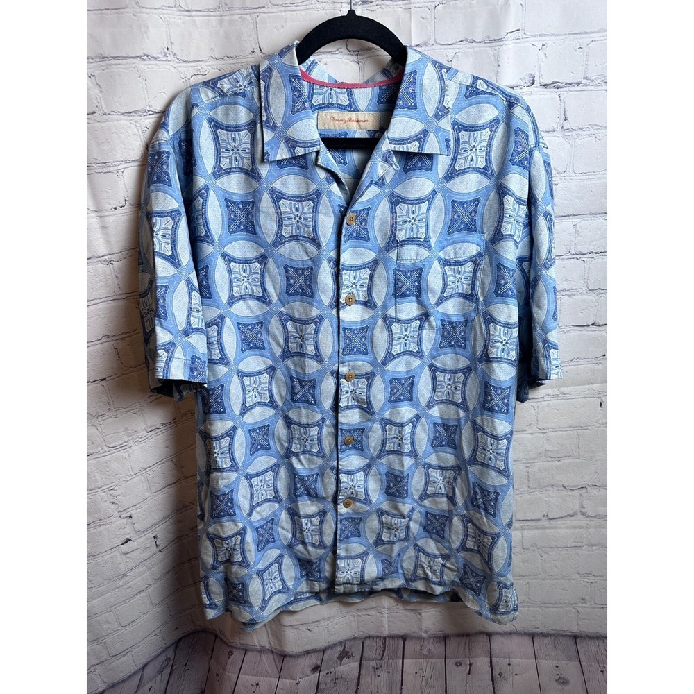 Tommy Bahama Button Up Shirt Geometric Print Short Sleeve Blue Size L
